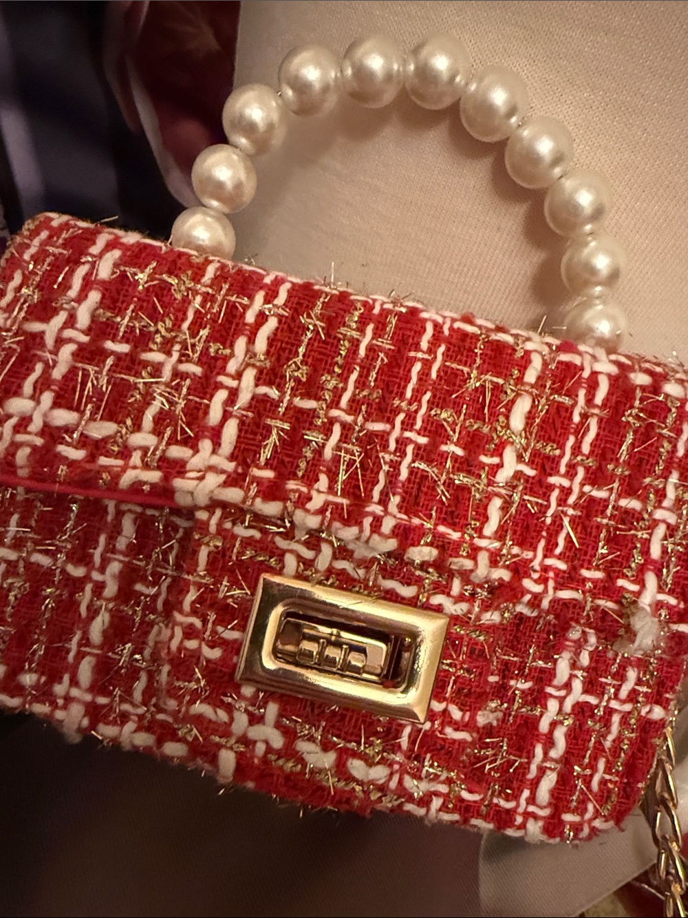 Tweed Mini Bag Red White Pearl Top Handle Gold Crossbody Chain - Picture 2 of 4